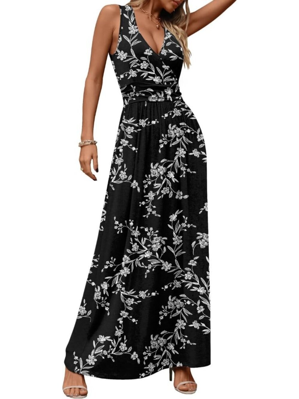 Women's Craved White Black Sleeveless Summer Casual Formal Pockets Maxi Dress - Picture 3 of 6